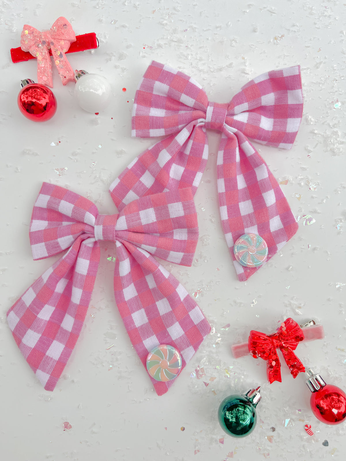 Pink Red Plaid Medium Sailor Bow With Peppermint Charm