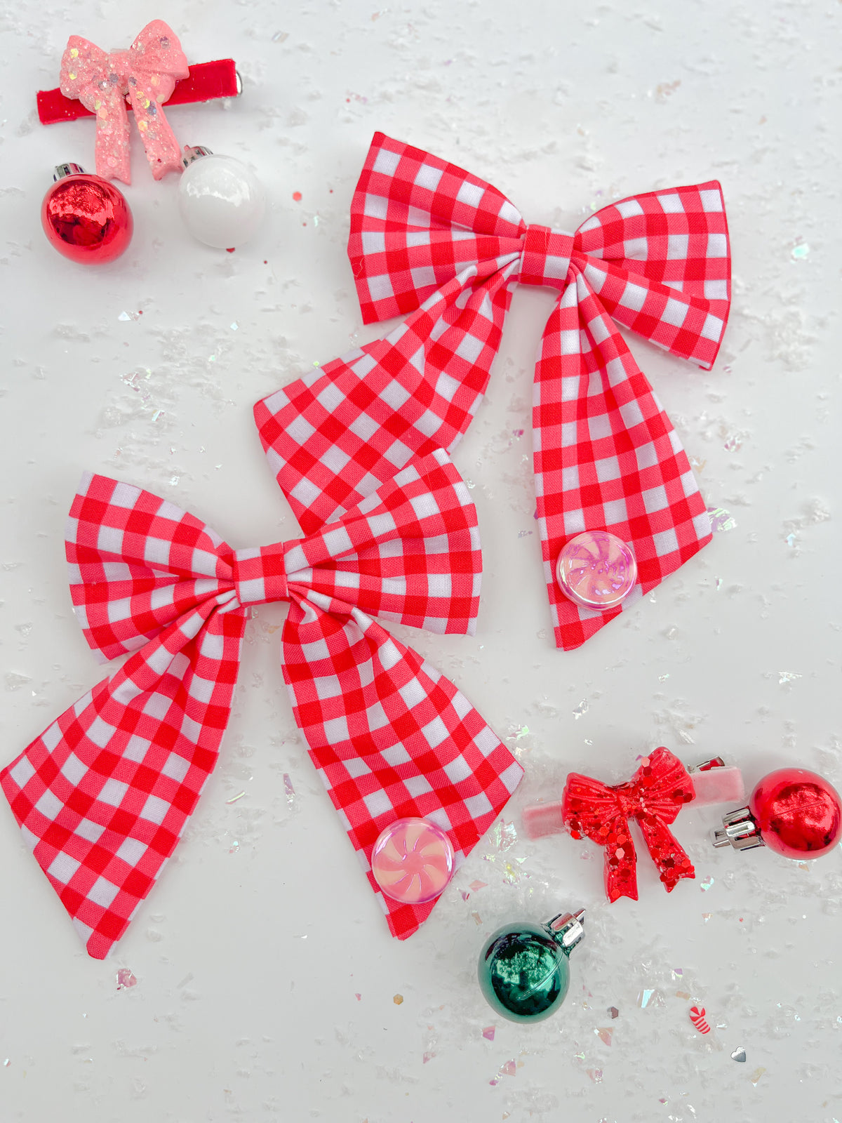 Pink Red Plaid Medium Sailor Bow With Peppermint Charm