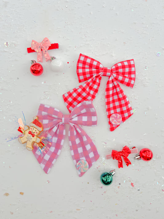Pink Red Plaid Medium Sailor Bow With Peppermint Charm