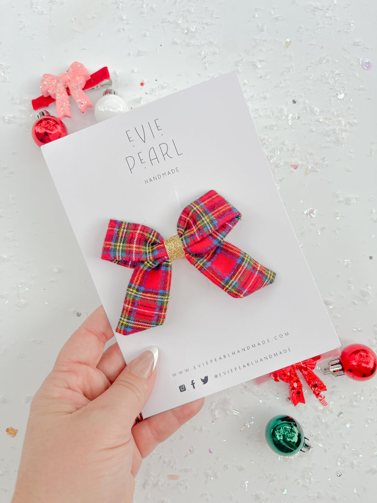 Red Christmas Plaid Gold Glitter Hair Bow