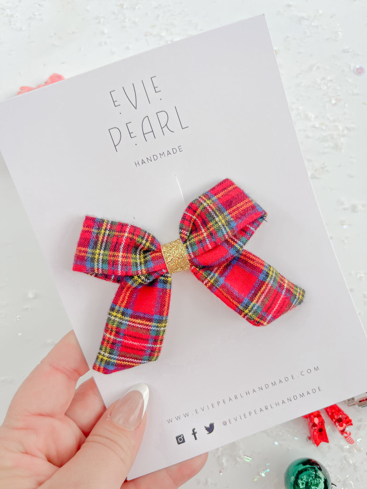 Red Christmas Plaid Gold Glitter Hair Bow
