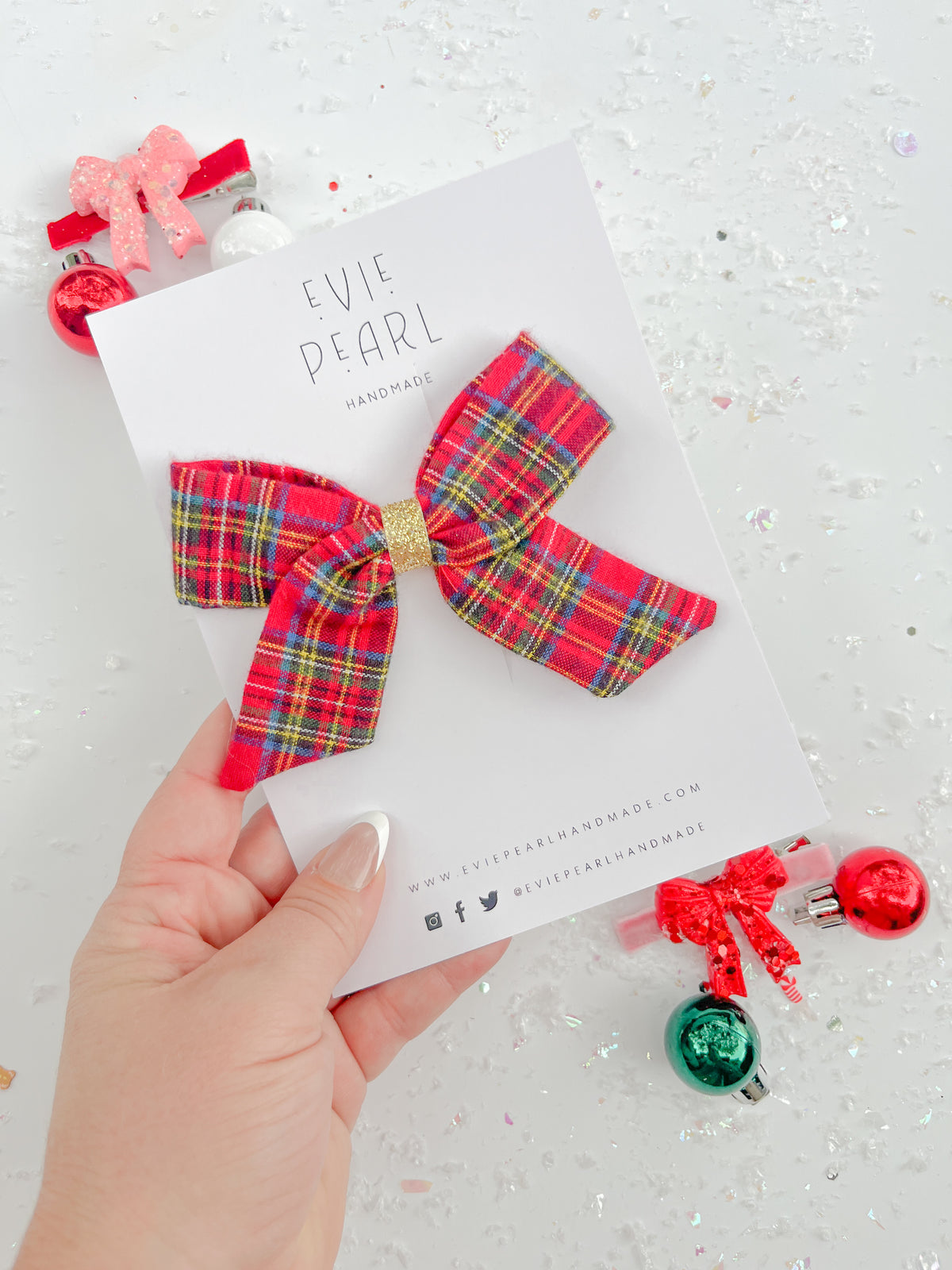 Red Christmas Plaid Gold Glitter Hair Bow