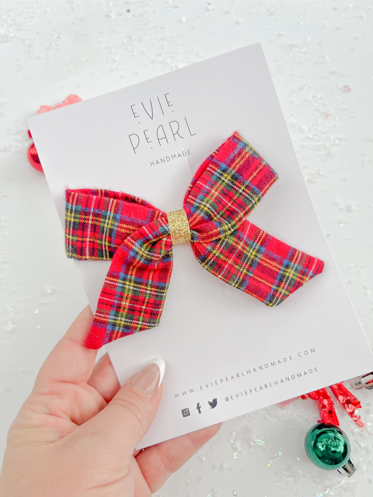 Red Christmas Plaid Gold Glitter Hair Bow
