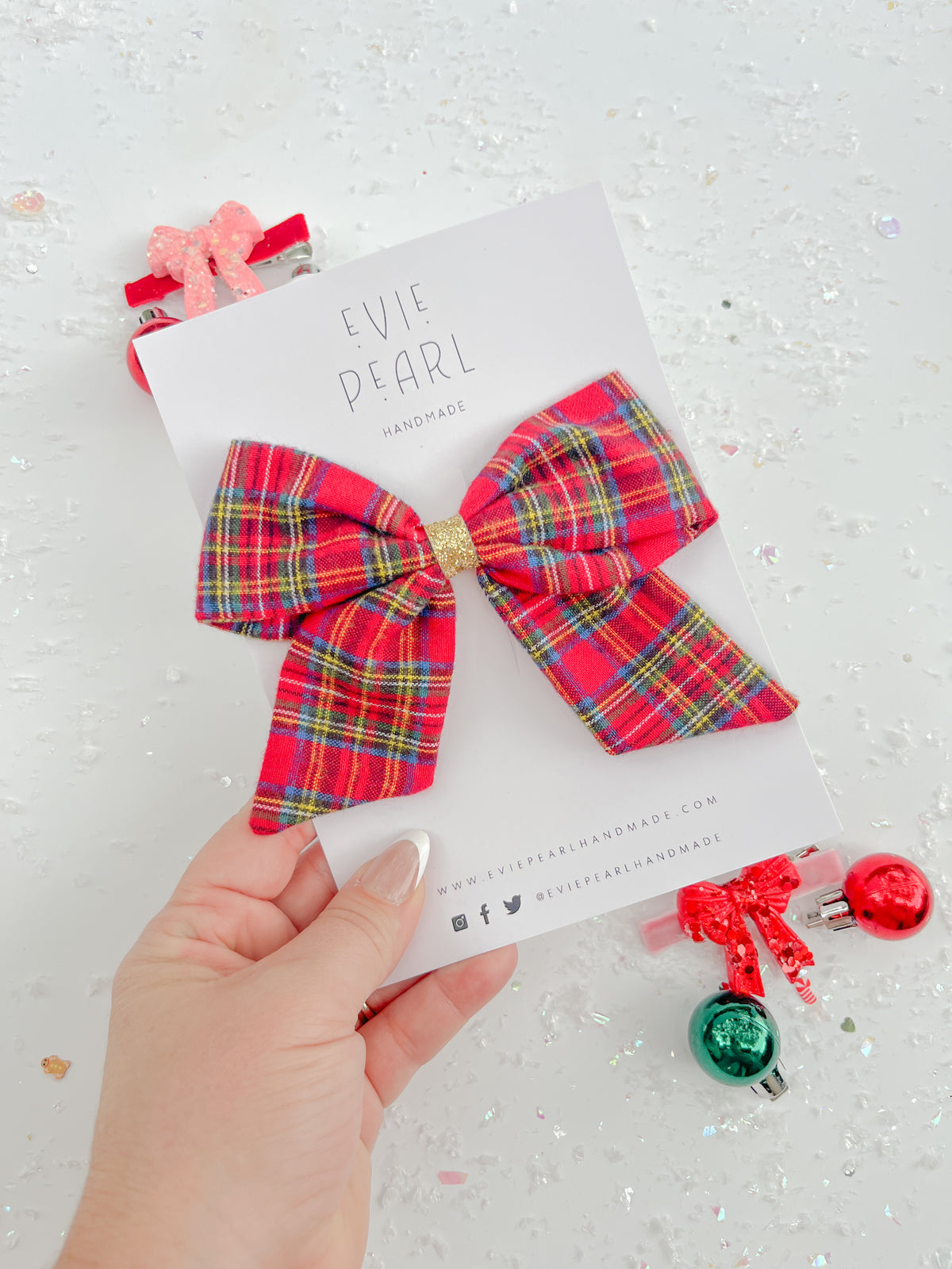 Red Christmas Plaid Gold Glitter Hair Bow
