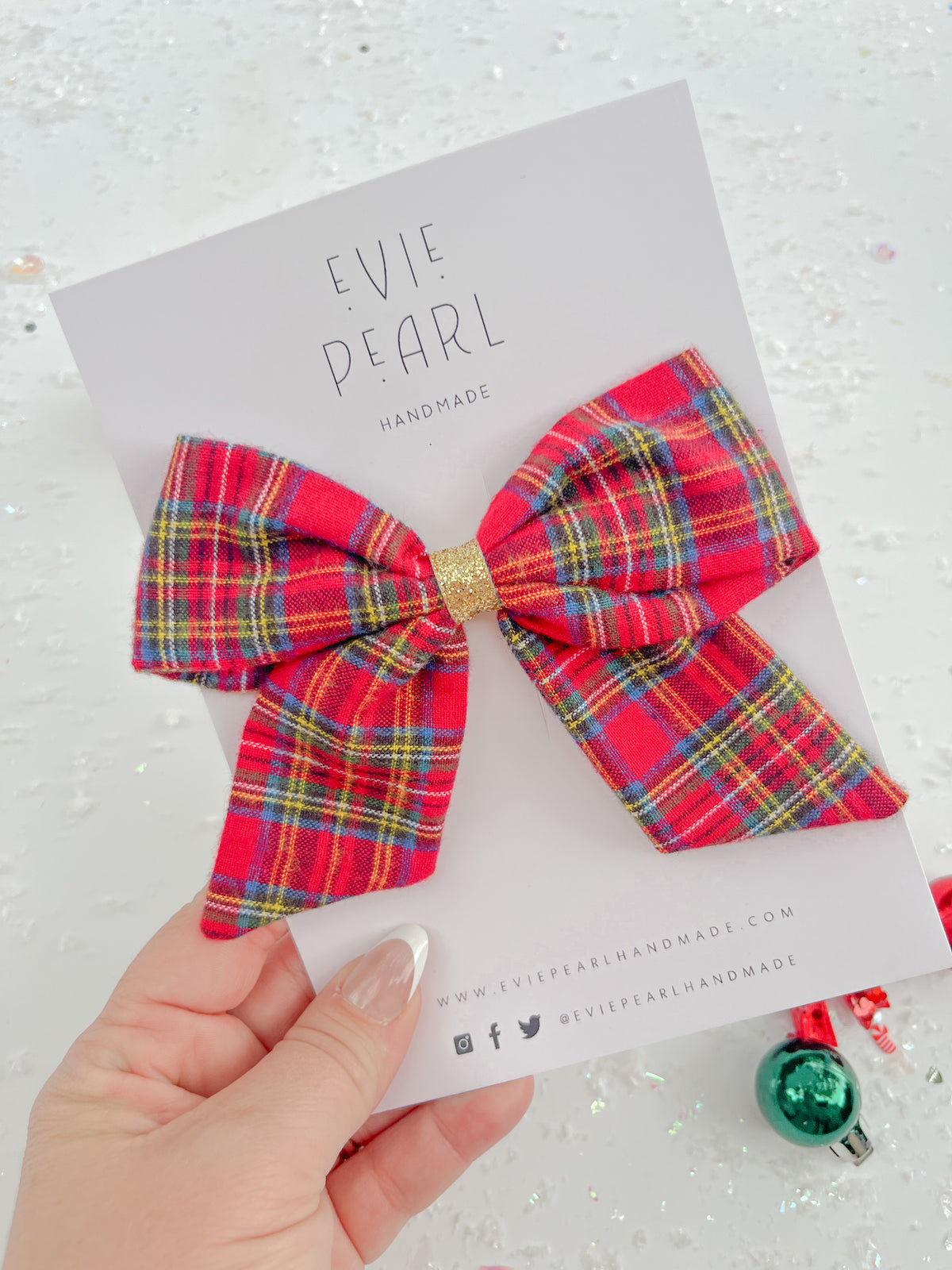 Red Christmas Plaid Gold Glitter Hair Bow