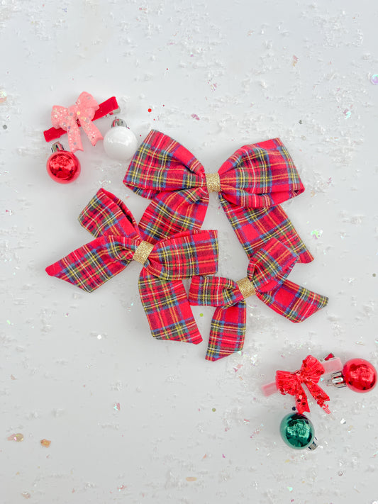Red Christmas Plaid Gold Glitter Hair Bow