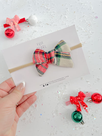Christmas Plaid Small Pinwheel Bows on nylon headband for babies