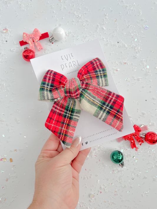 White Christmas Plaid XL Pinwheel Hair Bow