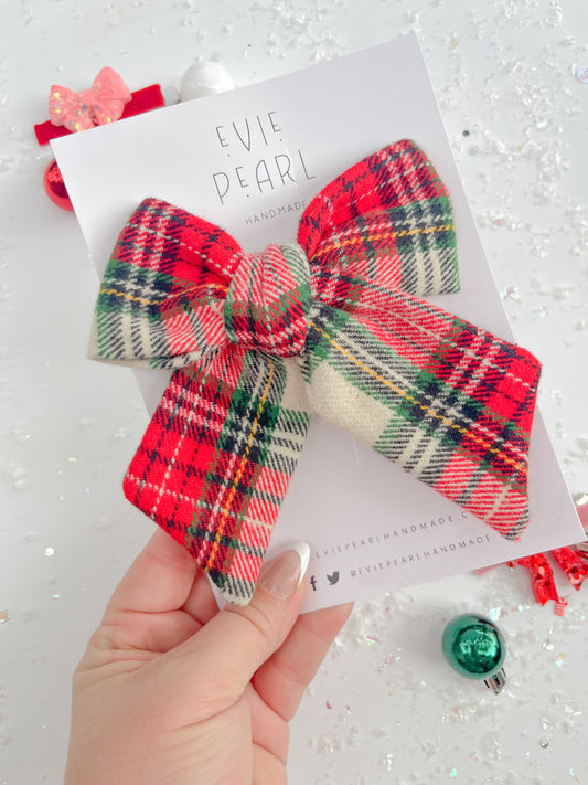 White Christmas Plaid XL Pinwheel Hair Bow