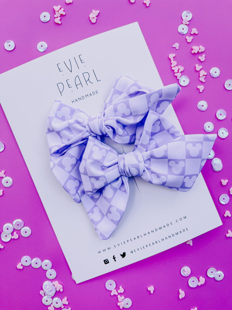 Purple Checkered Mouse Head Small Pigtail Bows