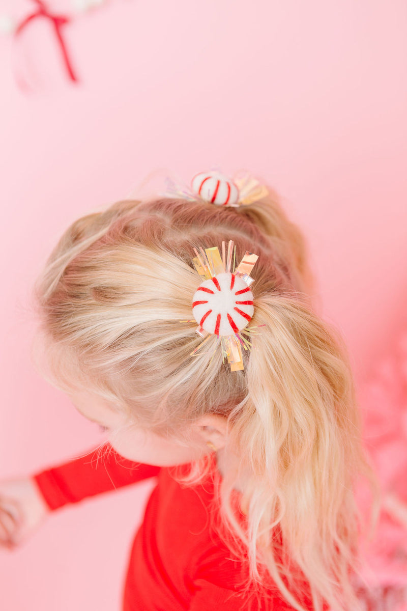 Red Peppermint Candy Cane Pigtail Hair Clips With Tinsel