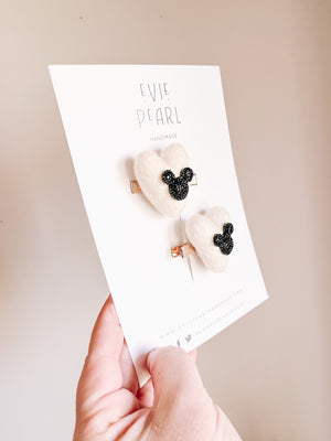 White Heart Black Mouse Pigtail Clips