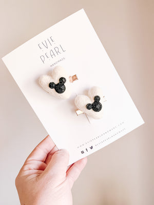 White Heart Black Mouse Pigtail Clips