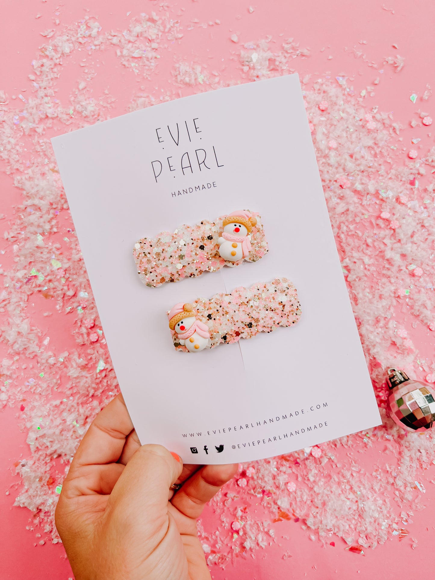 Pink Snowman Pigtail Snap Clip Set