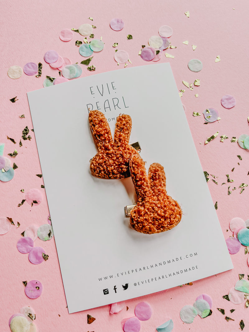 Fuzzy Rust Brown Bunny Pigtail Clips