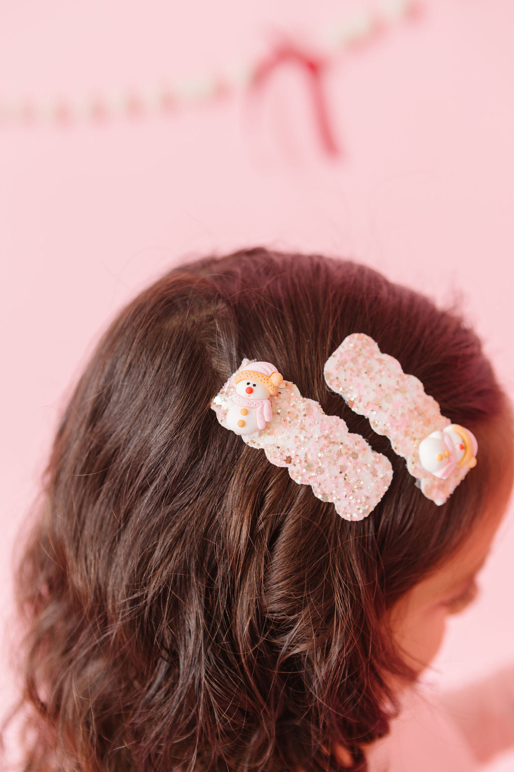 Pink Snowman Pigtail Snap Clip Set