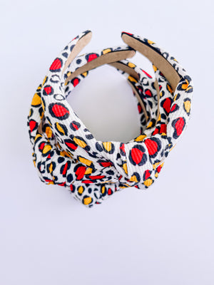 White Leopard with gold red spots Womens Kansas City Knotted Headband