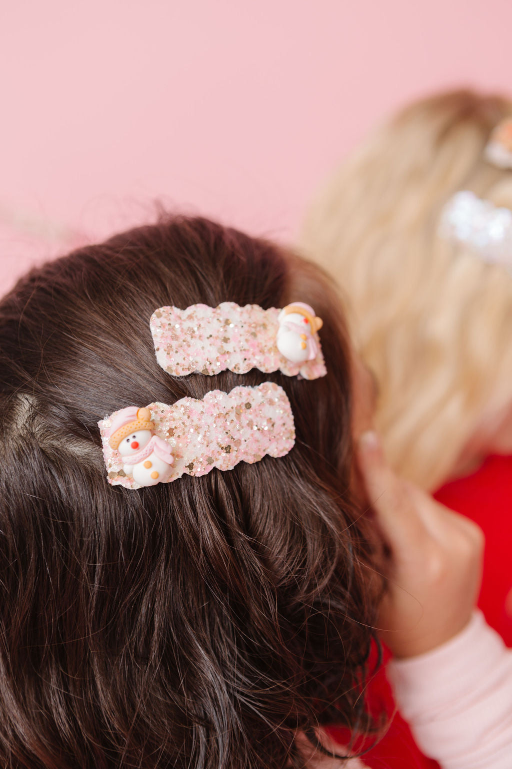 Pink Snowman Pigtail Snap Clip Set