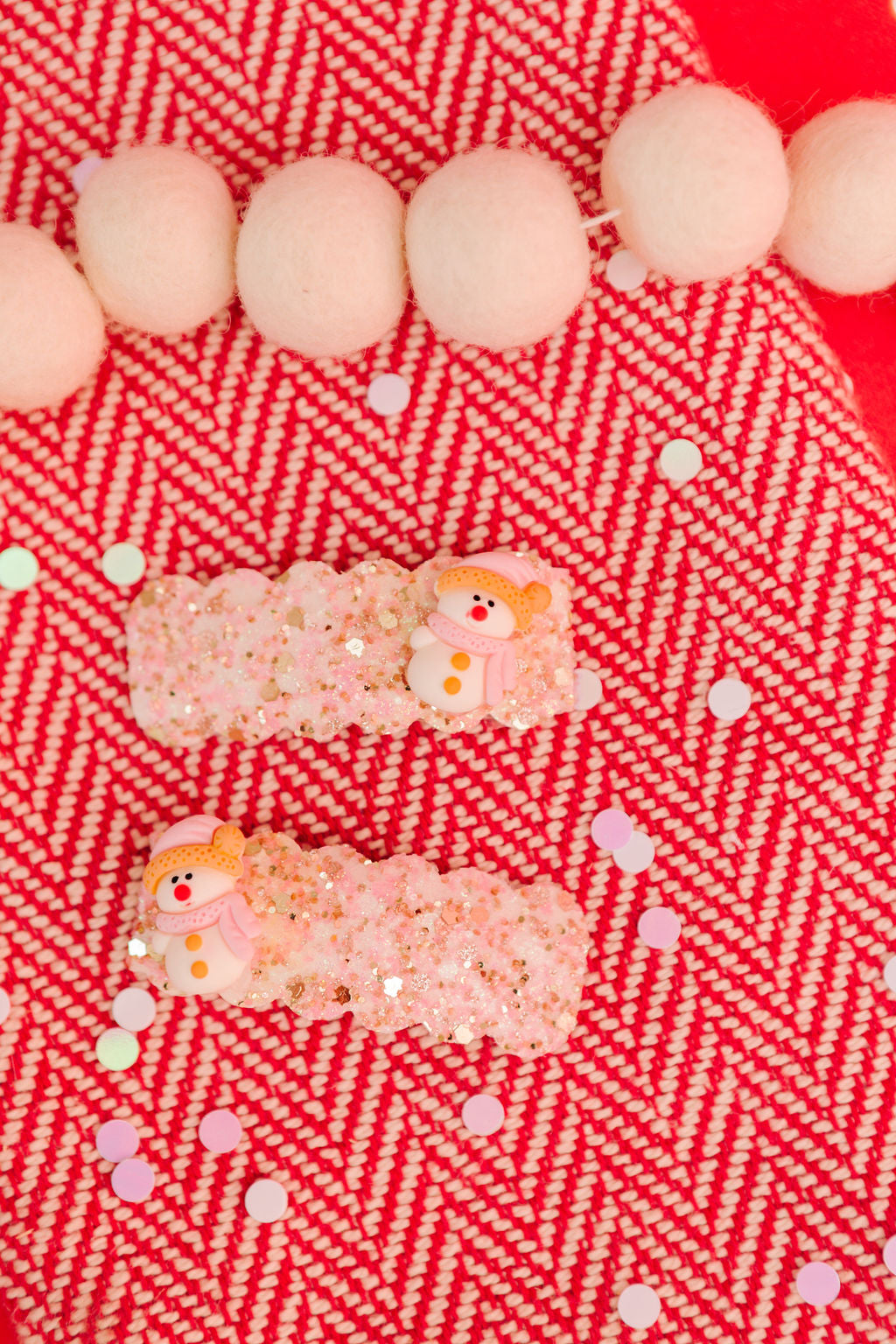 Pink Snowman Pigtail Snap Clip Set