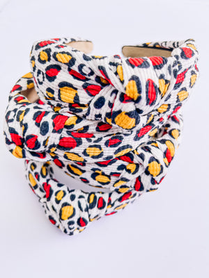 White Leopard with gold red spots Womens Kansas City Knotted Headband