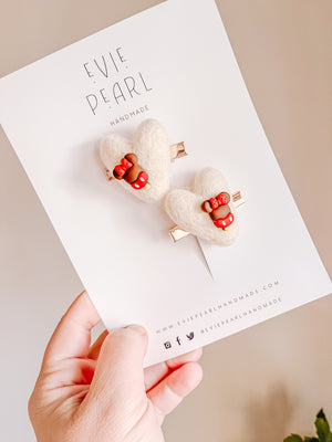 White Heart Red Bow Minnie Popsicle Pigtail Clips